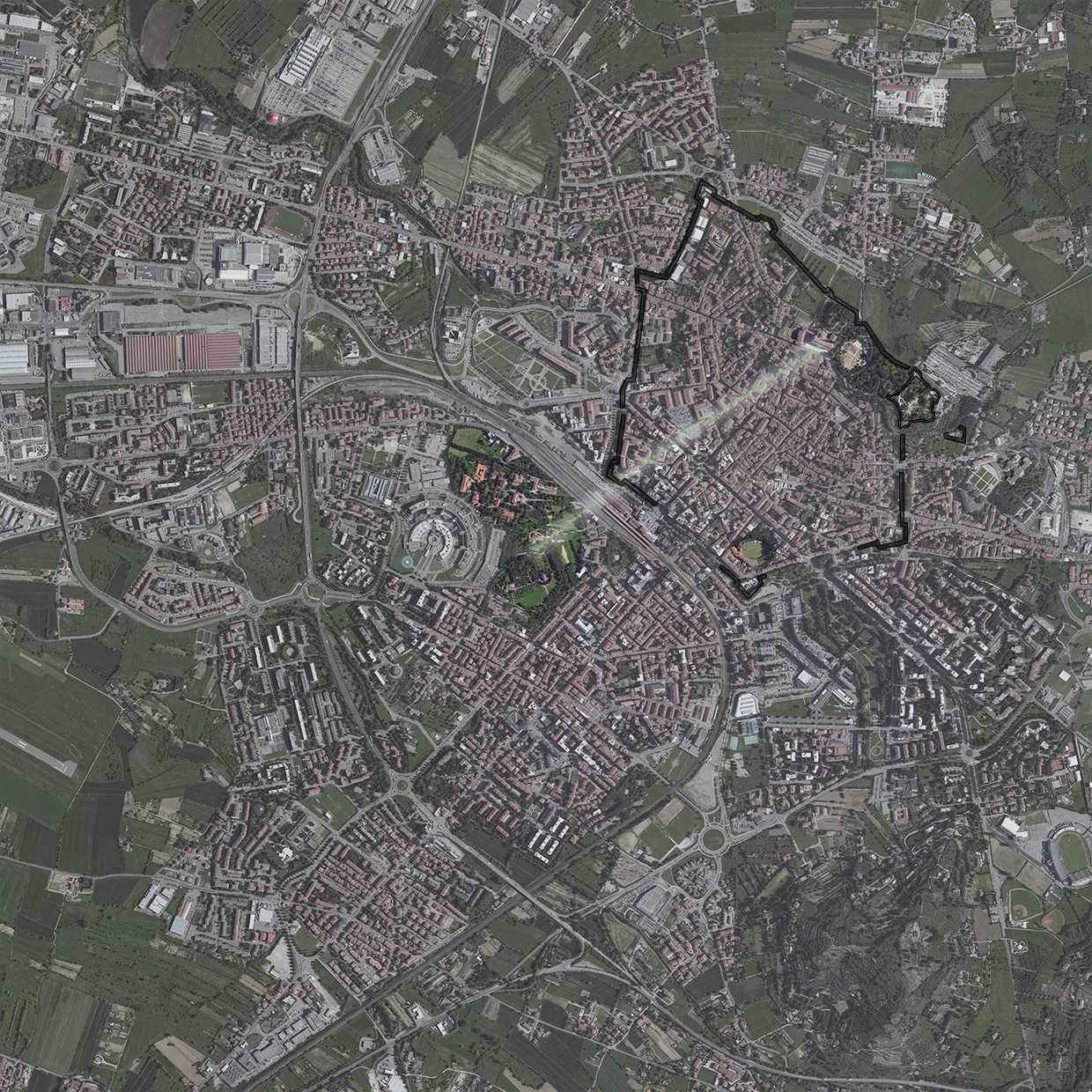 Inquadramento geografico di Arezzo con al centro il Colle del Pionta